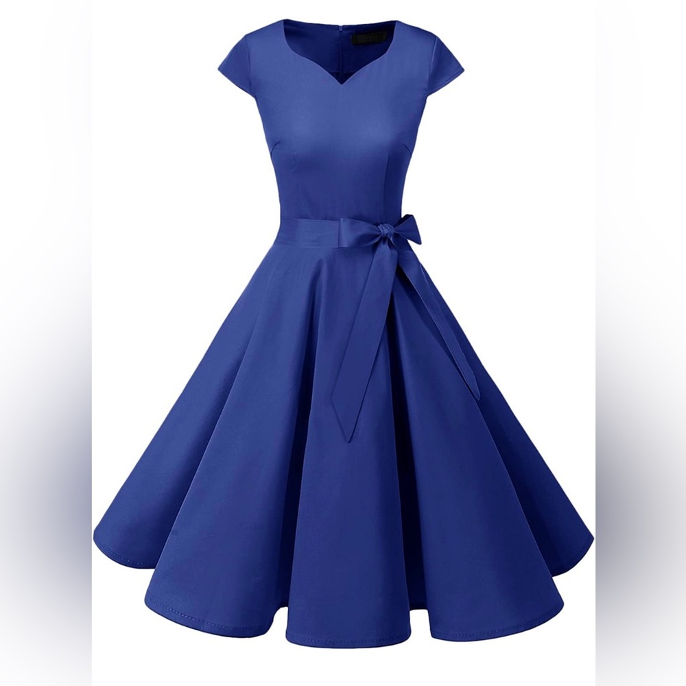 1950's Vintage Style Blue Tea Dress Swing Cocktail Party Dress with Cap-Sleeves
